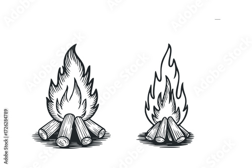 Campfire graphic with burning wood. Vector hand drawn illustration