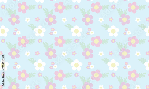 Flower patterns with purple, white, and pink petals are elegantly scattered on a pastel blue background. The flowers vary in size, with soft shapes and fine details, creating a sweet, feminine