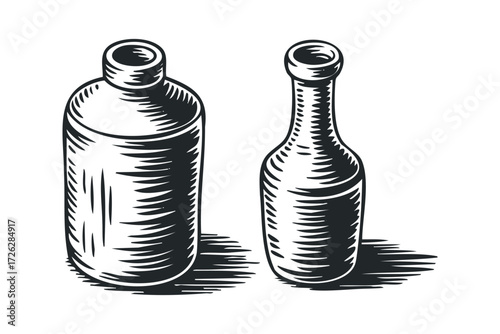Vintage style illustration of two bottles. Vector hand drawn illustration