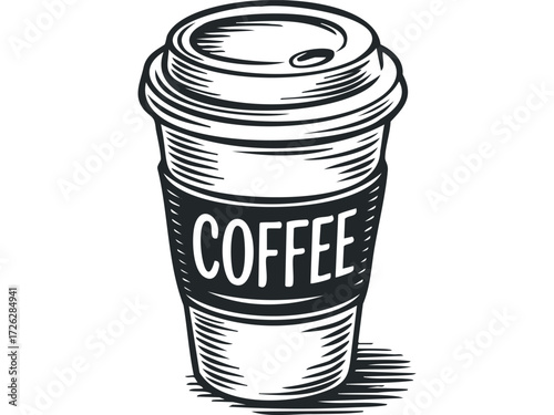 Takeaway Coffee Cup with Word Coffee. Vector hand drawn illustration
