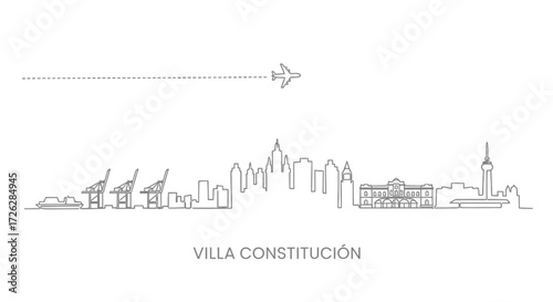 Minimalist Line Art Skyline of Villa Constituci?n with Airplane