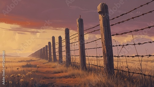 Rural Landscape with Wooden Fence and Barbed Wire at Sunset, Artistic Impression
