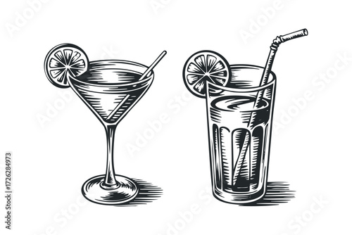 Two drinks, martini glass and tall glass with straw and lemon. Vector hand drawn illustration