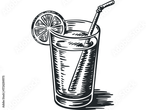 Line drawing of a tall glass with drink and straw. Vector hand drawn illustration