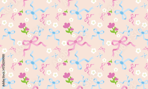 This motif features pink and blue ribbons, white flowers, and a bouquet of pink flowers arranged in a row to create a cute look. This design is suitable for gift wrapping, fabric, cosmetics, or sticke