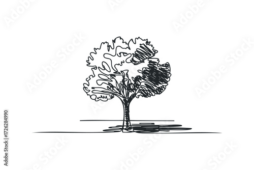 Minimalist single line drawing of a tree with bushy canopy. Vector hand drawn illustration