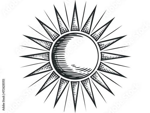 Stylized sunburst with etched texture and pointed rays. Vector hand drawn illustration