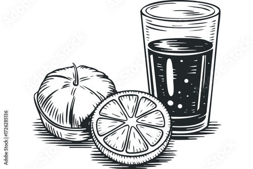 Glass of Dark Beverage with Whole and Sliced Citrus Fruit. Vector hand drawn illustration