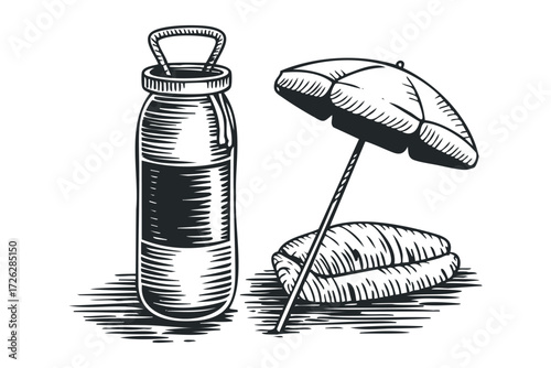 Stylized depiction of a water bottle and beach umbrella. Vector hand drawn illustration