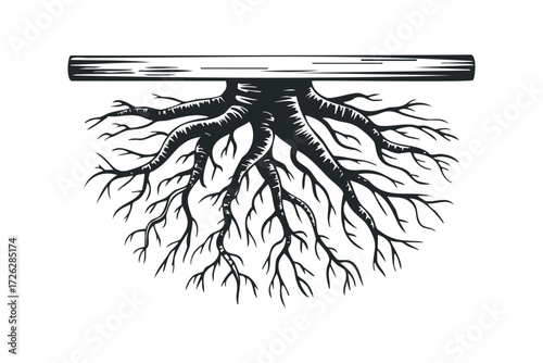 Abstract visual of thick tree trunk with intricate root system spreading downward. Vector hand drawn illustration