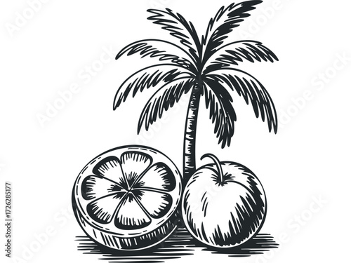Palm tree with orange and whole fruit sketch. Vector hand drawn illustration