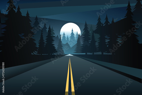 A dark road stretches toward a bright full moon and silhouetted trees