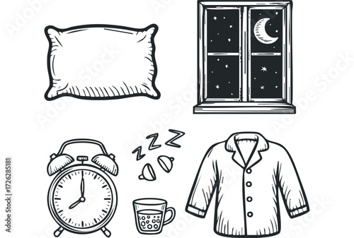 Nighttime routine items with moonlit window view. Vector hand drawn illustration