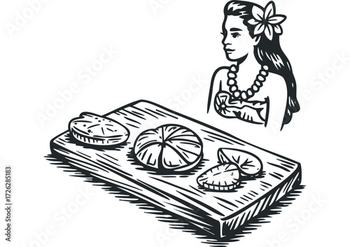 Woman with Flower in Hair and Fruit on Board. Vector hand drawn illustration