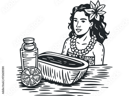 Woman with Flower in Hair and Lei Next to Bathing Items. Vector hand drawn illustration
