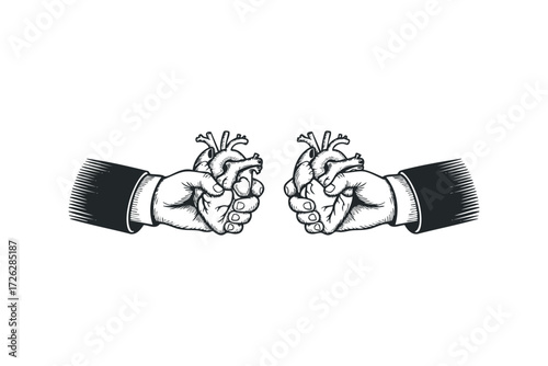 Two hands holding human hearts black and white. Vector hand drawn illustration