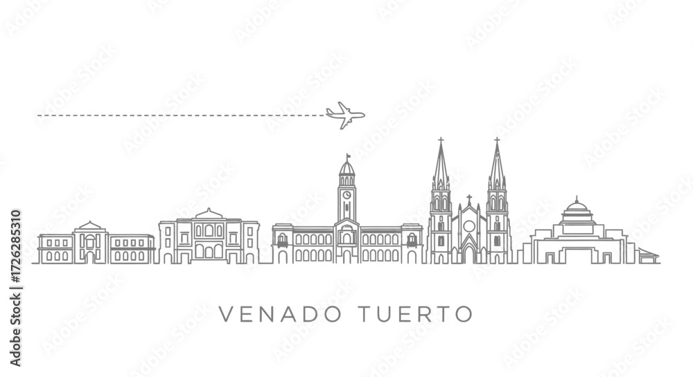 Fototapeta premium Venado Tuerto Skyline Line Art with Airplane