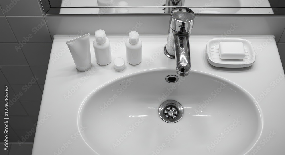 Fototapeta premium Minimalist Bathroom Sink Arrangement: Clean, Modern, Black and White Composition.