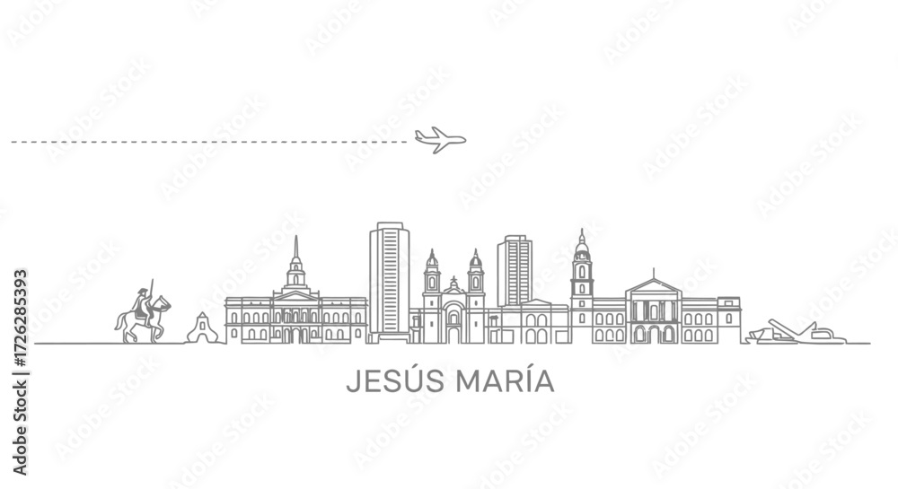 Naklejka premium Jesus Maria skyline outline with airplane and horse rider