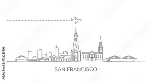 San Francisco Skyline and Airplane Outline Art