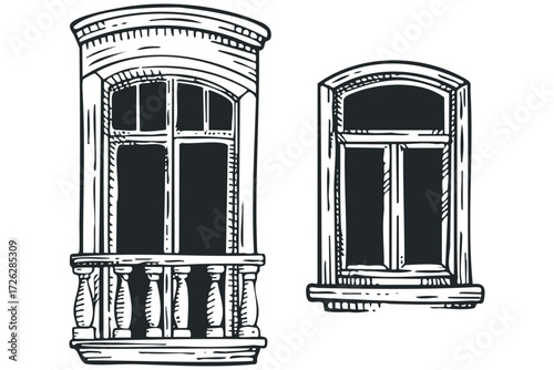 Antique balcony window and arched casement window with railing. Vector hand drawn illustration