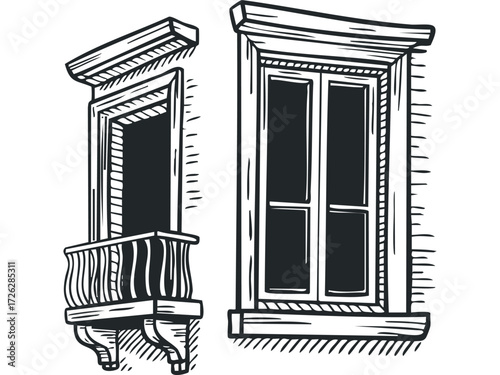 Ornate balcony and window architectural drawing. Vector hand drawn illustration