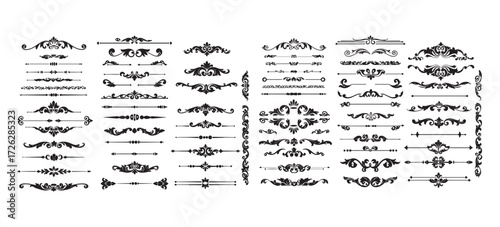  Collection of decorative divider elements. Ornate text separators, scrolls, and vintage frame borders, vector illustration.eps