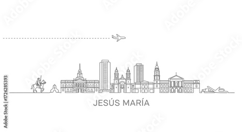 Jesus Maria skyline outline with airplane and horse rider