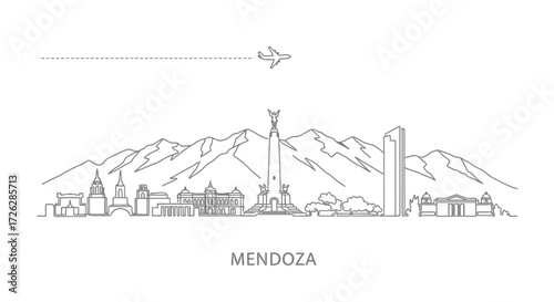 Mendoza Skyline with Andes Mountains and Airplane Line Art