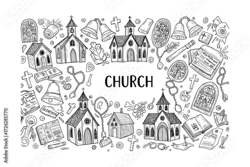 Church and architecture illustrations religious imagery creative design artistic environment sketch style. Vector illustration