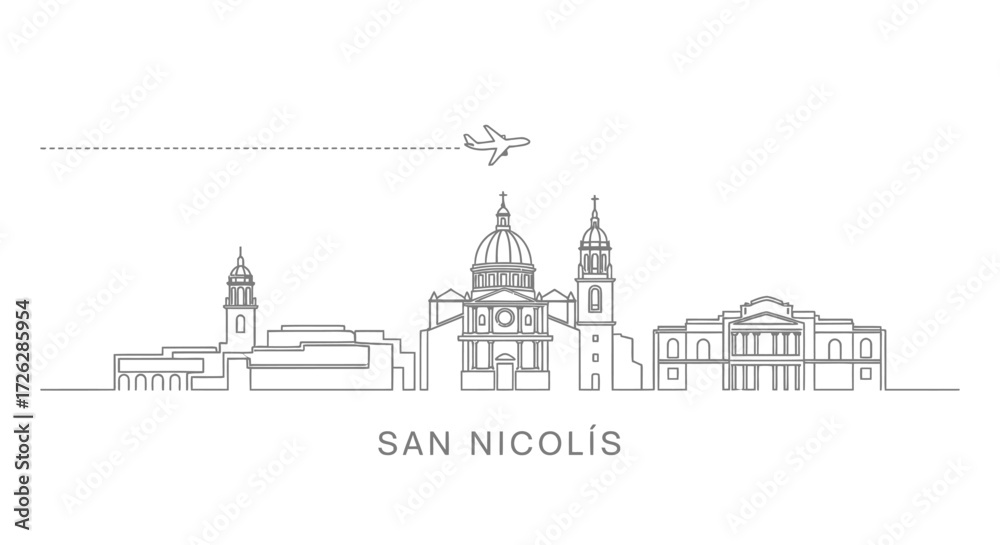 Fototapeta premium San Nicolas Skyline with Airplane and Dashed Line