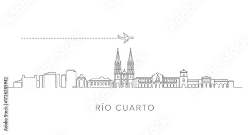 Rio Cuarto Skyline with Airplane and Dashed Line