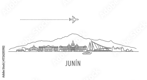 Junin Skyline with Airplane and Sailboat Line Art