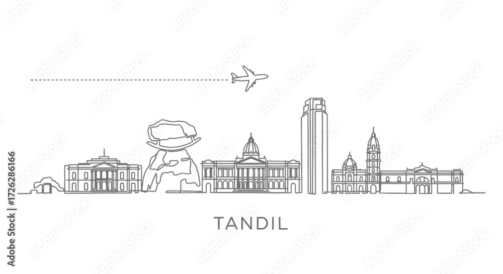 Obraz premium Tandil Argentina Skyline Line Art with Airplane