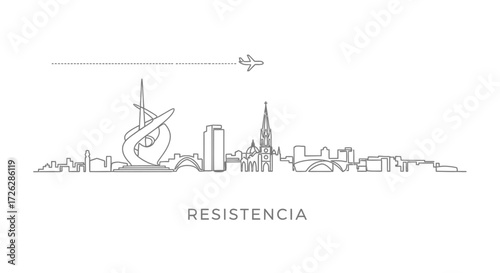 Resistencia skyline outline with airplane and contrail