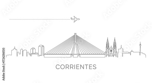 Corrientes Skyline with Cable-Stayed Bridge and Airplane