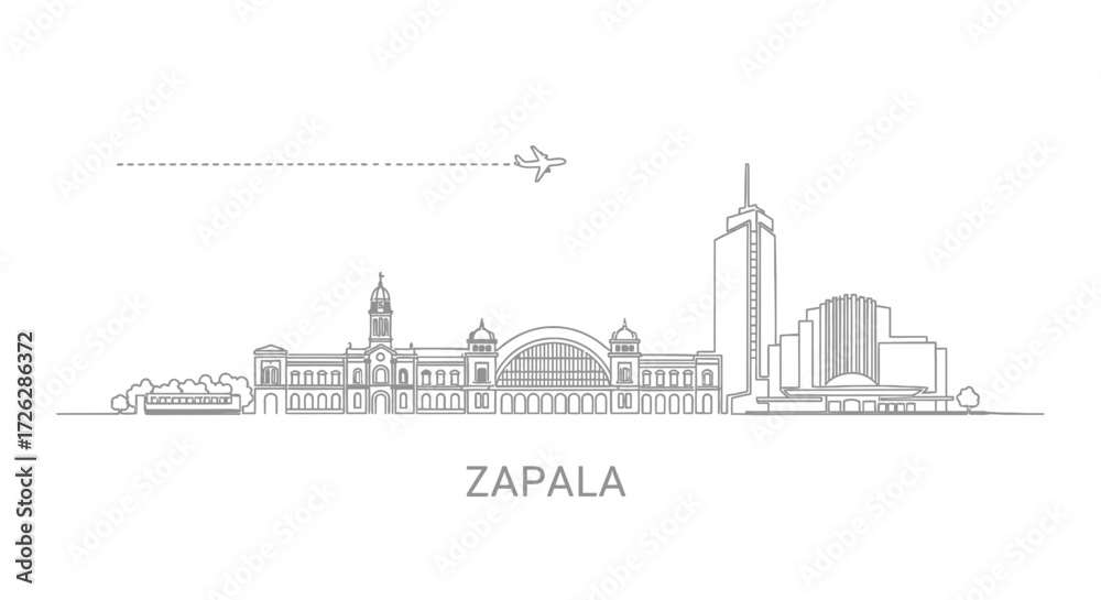 Fototapeta premium Zapala Skyline with Airplane Icon