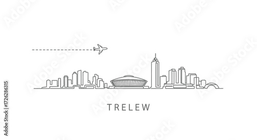 Minimalist Line Art Skyline of Trelew with Airplane