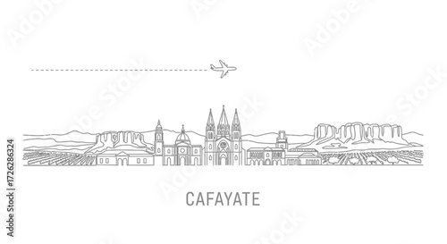Cafayate Argentina Skyline Line Art with Airplane and Vineyard