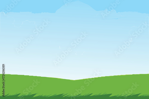 Simple cartoon landscape with green hill blue sky and fluffy clouds
