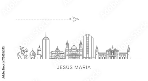 Jesus Maria Skyline with Airplane and Monument Line Art