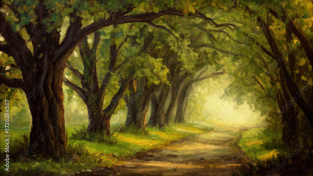 Fototapeta premium Oak trees lining serene road in painting concept. A serene pathway surrounded by lush, vibrant green trees.
