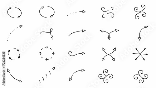 Vector collection of hand drawn arrows in various styles pointing in different directions on a white background
