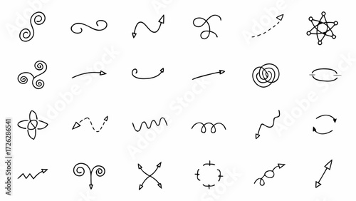Vector collection of hand drawn decorative arrows and design elements in various shapes and orientations displayed