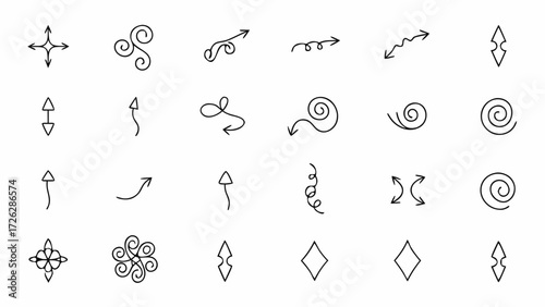 Vector illustration of various hand drawn arrows and decorative shapes including swirls and diamond shapes design