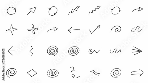 Vector collection of hand drawn arrows in various styles pointing in different directions on a white background