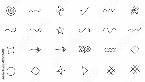 Vector a collection of twenty four hand drawn doodle elements including swirls arrows stars and geometric shapes