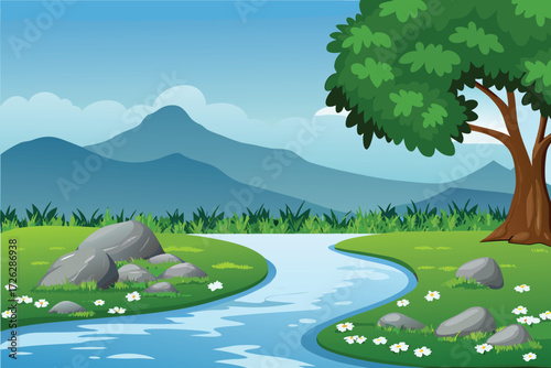 A peaceful landscape with a winding stream lush trees and distant mountains