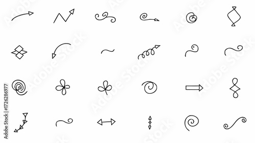Vector collection of diverse hand drawn arrows and decorative elements in simple black line art style design set