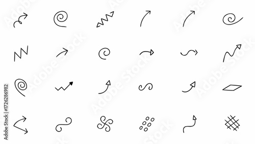 Vector collection of hand drawn arrows in various styles pointing in different directions on a white background